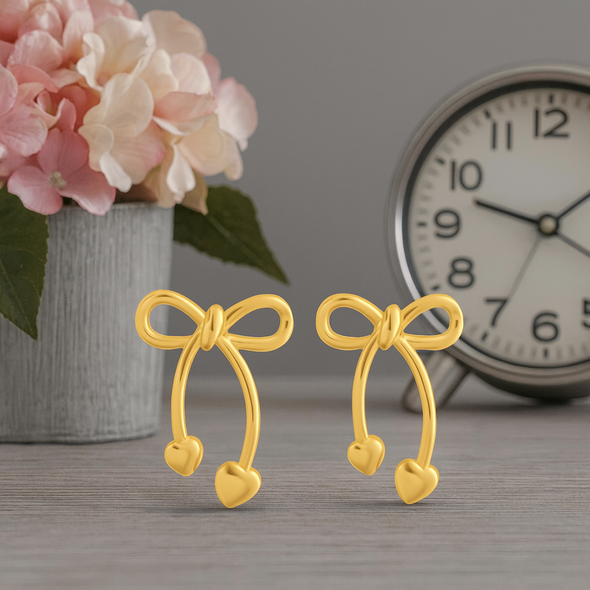 Bow Heart Drop Earrings 925 Sterling Silver Yellow Plated