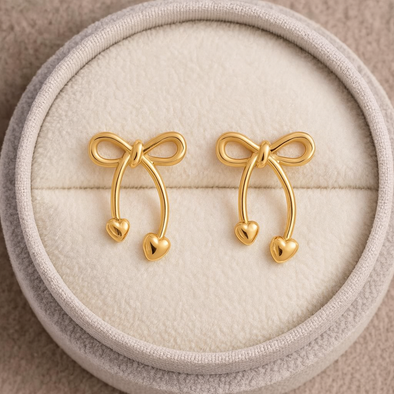 Bow Heart Drop Earrings 925 Sterling Silver Yellow Plated