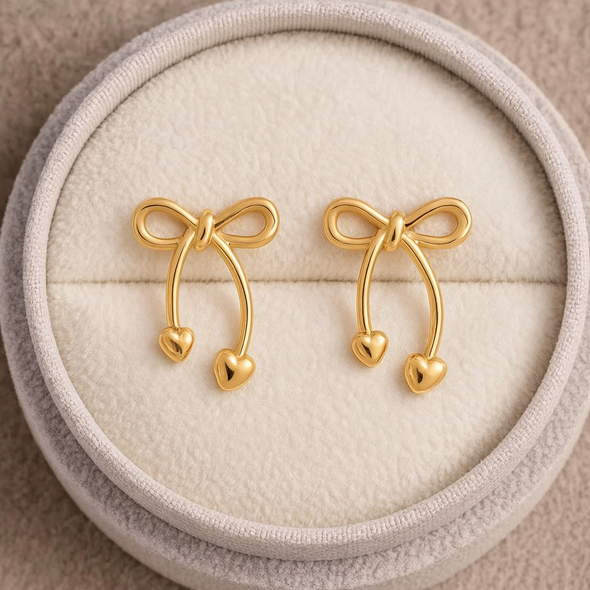 Bow Heart Drop Earrings 925 Sterling Silver Yellow Plated