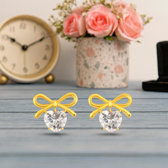 Bow White Stone Heart Stud Earrings 925 Sterling Silver Yellow Plated