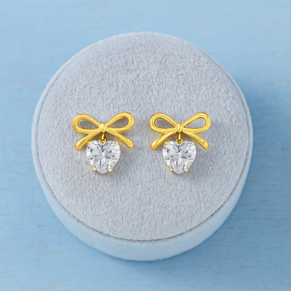 Bow White Stone Heart Stud Earrings 925 Sterling Silver Yellow Plated