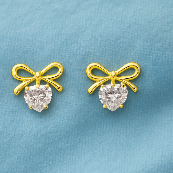 Bow White Stone Heart Stud Earrings 925 Sterling Silver Yellow Plated