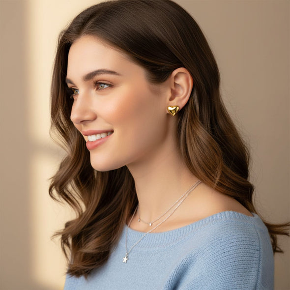 Classic Heart Stud Earrings 925 Sterling Silver Yellow Plated