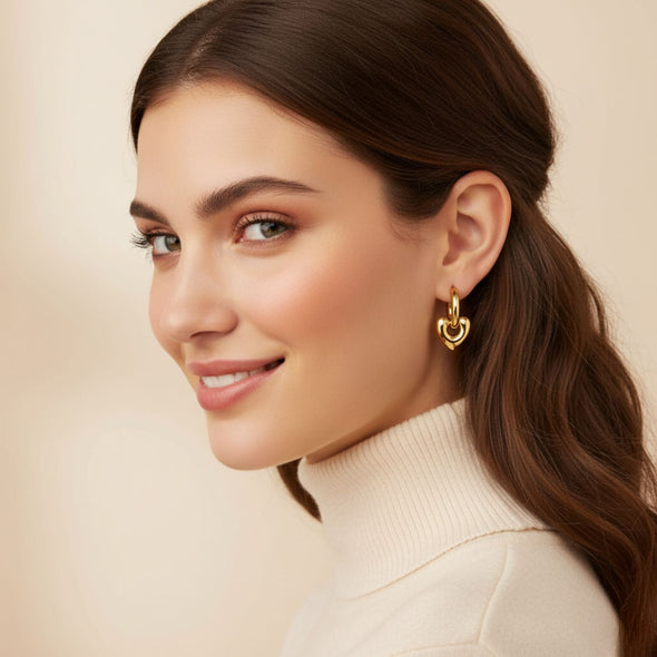 Heart Charm Hoop Earrings 925 Sterling Silver Yellow Plated