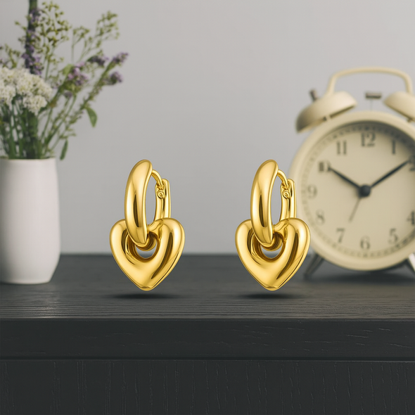 Heart Charm Hoop Earrings 925 Sterling Silver Yellow Plated