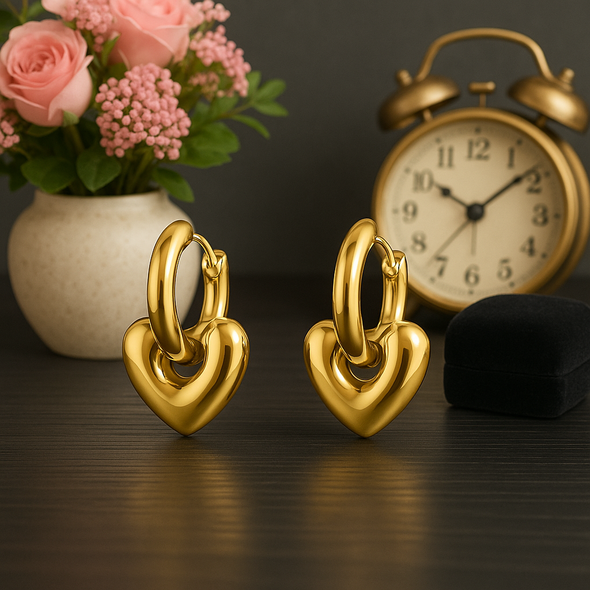 Heart Charm Hoop Earrings 925 Sterling Silver Yellow Plated