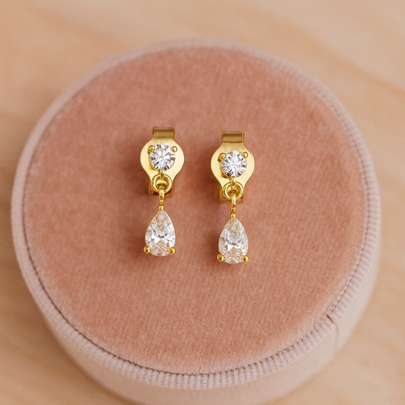 White Stone Teardrop Dangle Earrings 925 Sterling Silver Yellow Plated