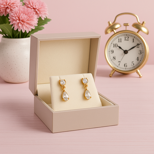 White Stone Teardrop Dangle Earrings 925 Sterling Silver Yellow Plated