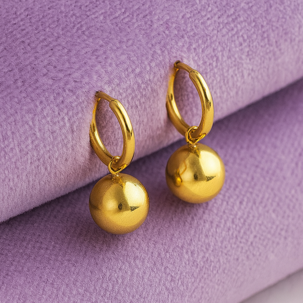 Gold Ball Drop Hoop Earrings 925 Sterling Silver Yellow Plated