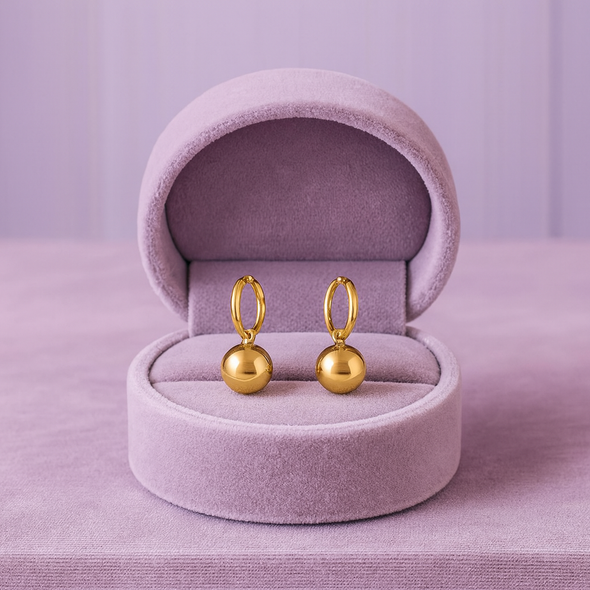 Gold Ball Drop Hoop Earrings 925 Sterling Silver Yellow Plated