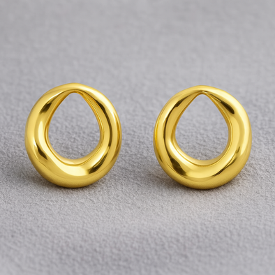 Organic Open Circle Stud Earrings 925 Sterling Silver Yellow Plated