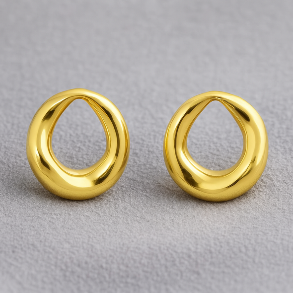 Organic Open Circle Stud Earrings 925 Sterling Silver Yellow Plated
