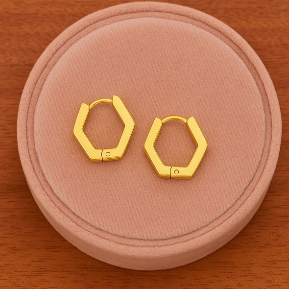 Hexagon Hoop Earrings 925 Sterling Silver Yellow Plated