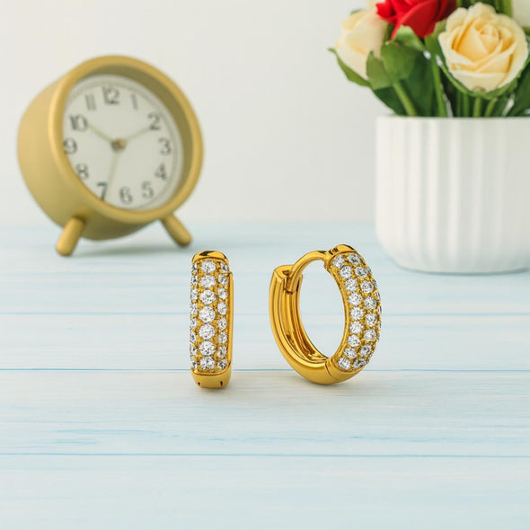 Classic Pave Set Sparkling Hoop Earrings 925 Sterling Silver Yellow Plated