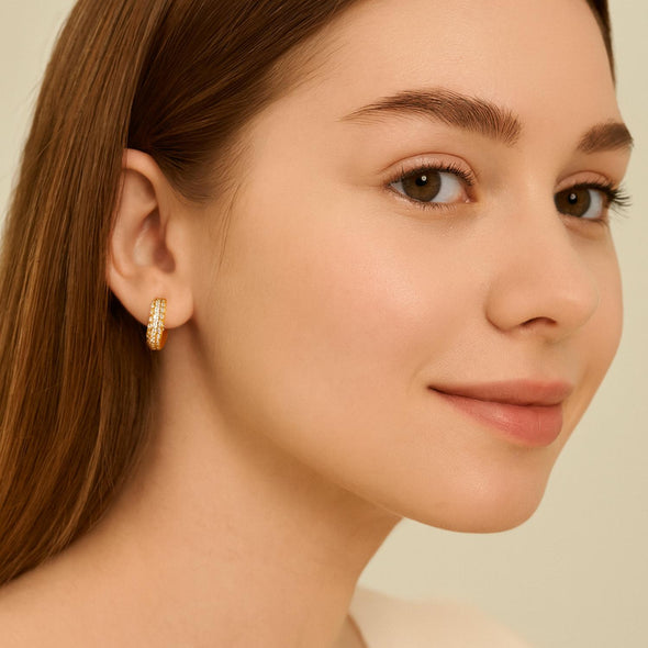 Classic Pave Set Sparkling Hoop Earrings 925 Sterling Silver Yellow Plated