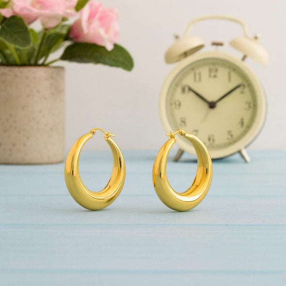 Classic Bold Dome Round Hoop Earrings 925 Sterling Silver Yellow Plated