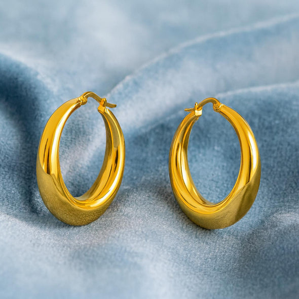 Classic Bold Dome Round Hoop Earrings 925 Sterling Silver Yellow Plated