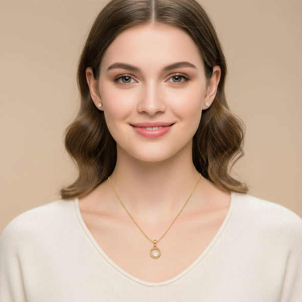 White Stone Round Halo Pendant Necklace 925 Sterling Silver Yellow Plated