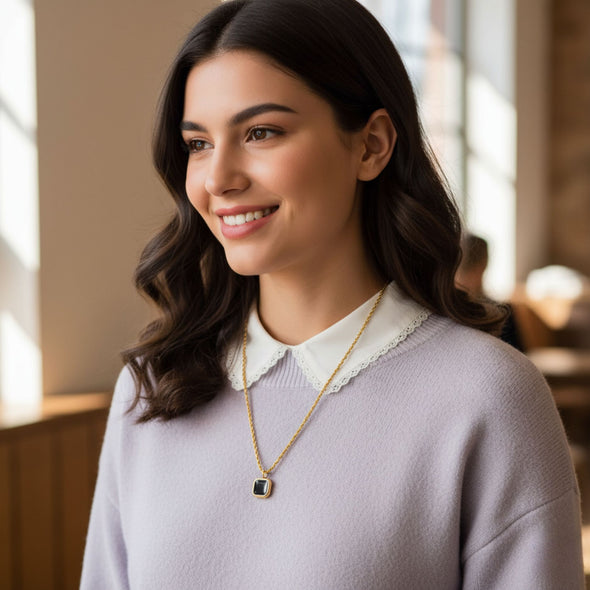 Black Onyx Square Necklace 925 Sterling Silver Yellow Plated