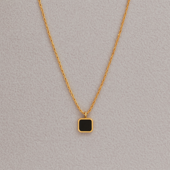 Black Onyx Square Necklace 925 Sterling Silver Yellow Plated