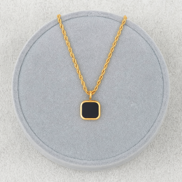 Black Onyx Square Necklace 925 Sterling Silver Yellow Plated
