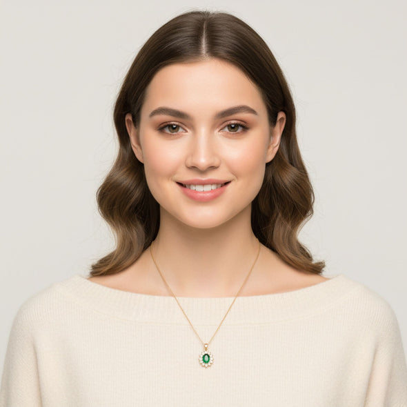 Emerald Halo Necklace 925 Sterling Silver Yellow Plated