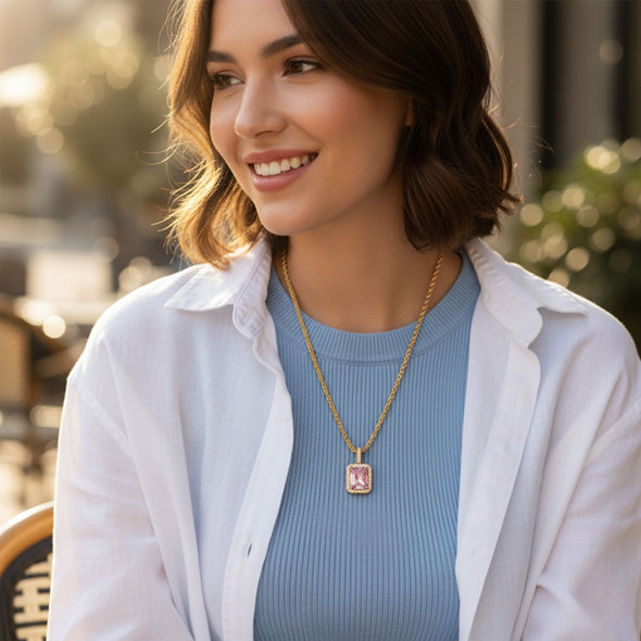 Pink Emerald Cut Halo Necklace 925 Sterling Silver Yellow Plated