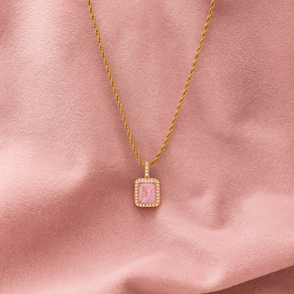 Pink Emerald Cut Halo Necklace 925 Sterling Silver Yellow Plated