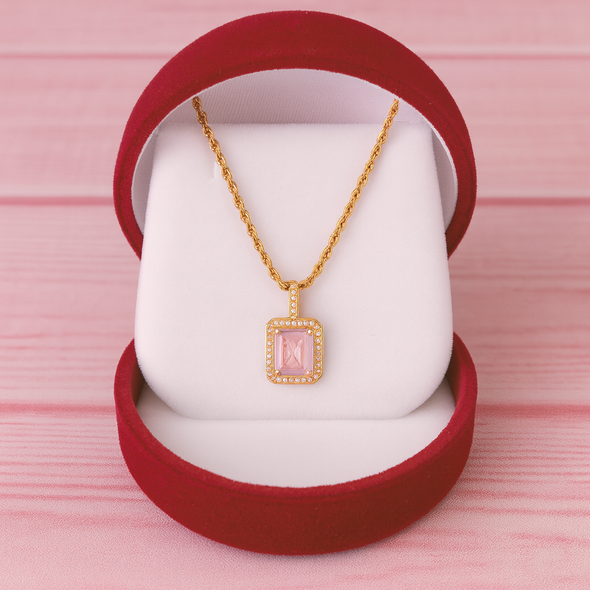 Pink Emerald Cut Halo Necklace 925 Sterling Silver Yellow Plated