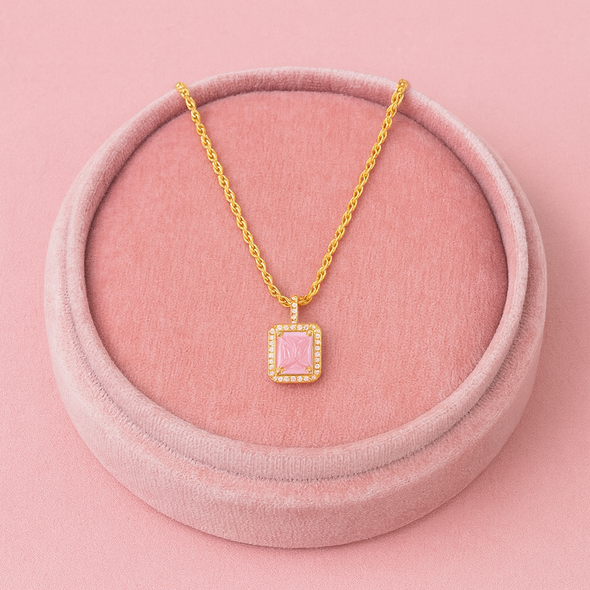 Pink Emerald Cut Halo Necklace 925 Sterling Silver Yellow Plated