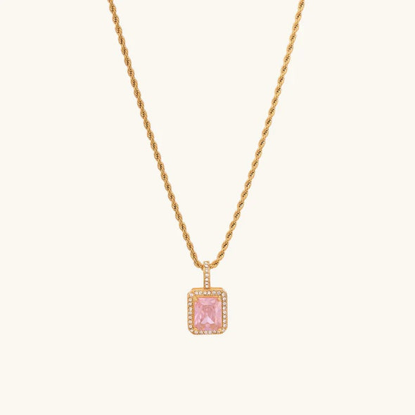 Pink Emerald Cut Halo Necklace 925 Sterling Silver Yellow Plated