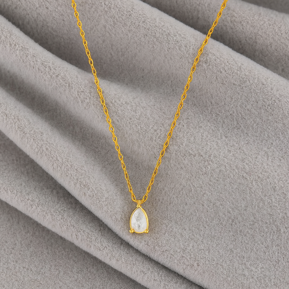 Teardrop White Stone Necklace 925 Sterling Silver Yellow Plated