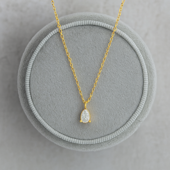 Teardrop White Stone Necklace 925 Sterling Silver Yellow Plated