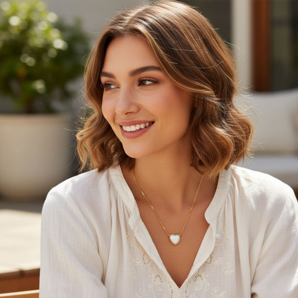 White Heart Mother of Pearl Necklace 925 Sterling Silver Yellow Plated