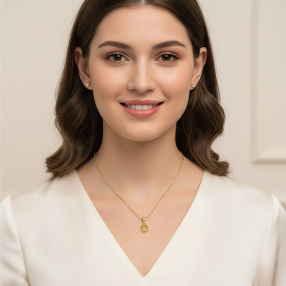 White Stone Tri-Flower Circle Necklace 925 Sterling Silver Yellow Plated