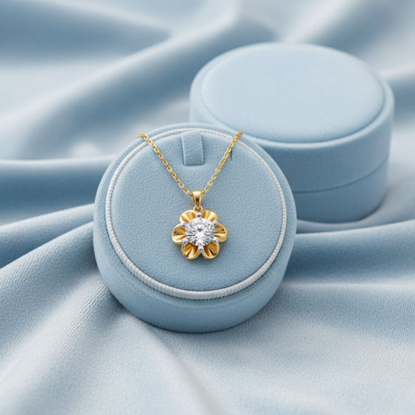 Floral Solitaire Necklace 925 Sterling Silver Yellow Plated