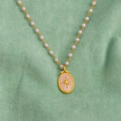 Pink Mother of Pearl Star Necklace 925 Sterling Silver Yellow Plated