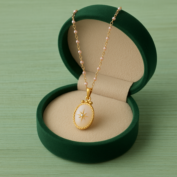 Pink Mother of Pearl Star Necklace 925 Sterling Silver Yellow Plated