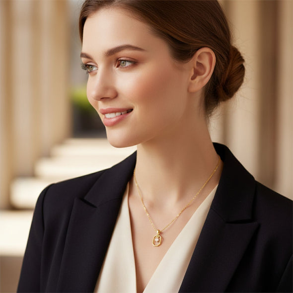 Geometric Frame Solitaire Necklace 925 Sterling Silver Yellow Plated