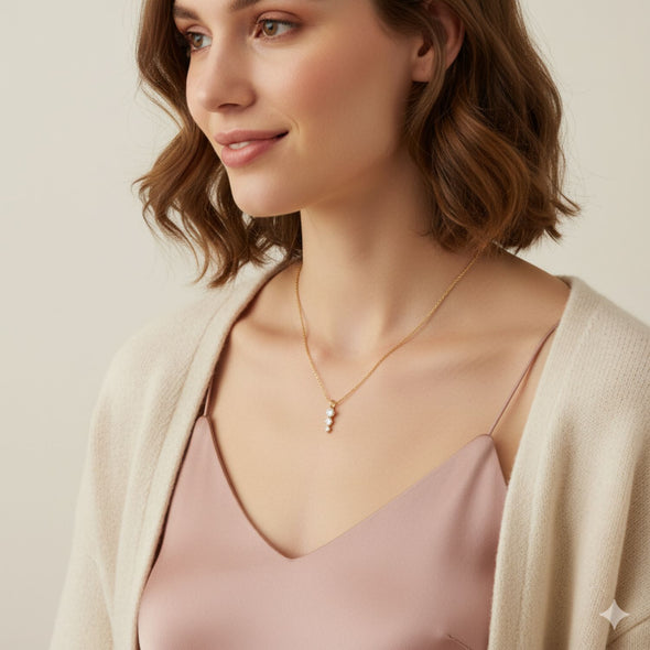 Three-Stone Vertical Drop Necklace 925 Sterling Silver Yellow Plated