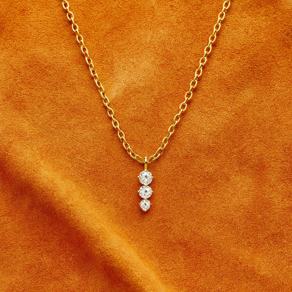 Three-Stone Vertical Drop Necklace 925 Sterling Silver Yellow Plated