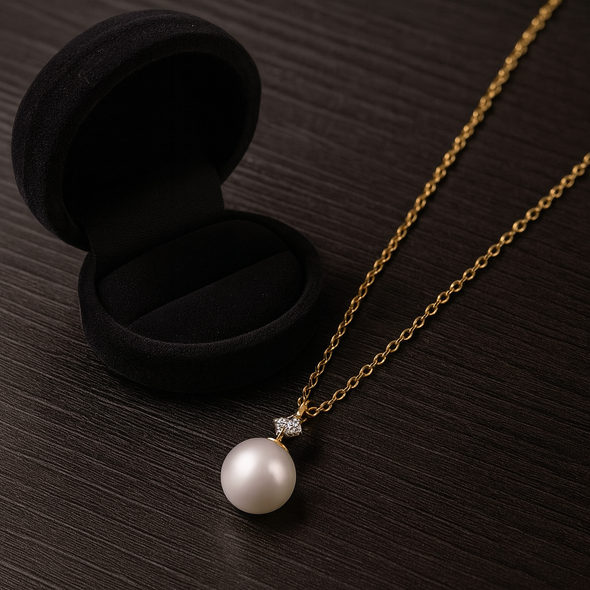 Classic Pearl and Solitaire Necklace 925 Sterling Silver Yellow Plated