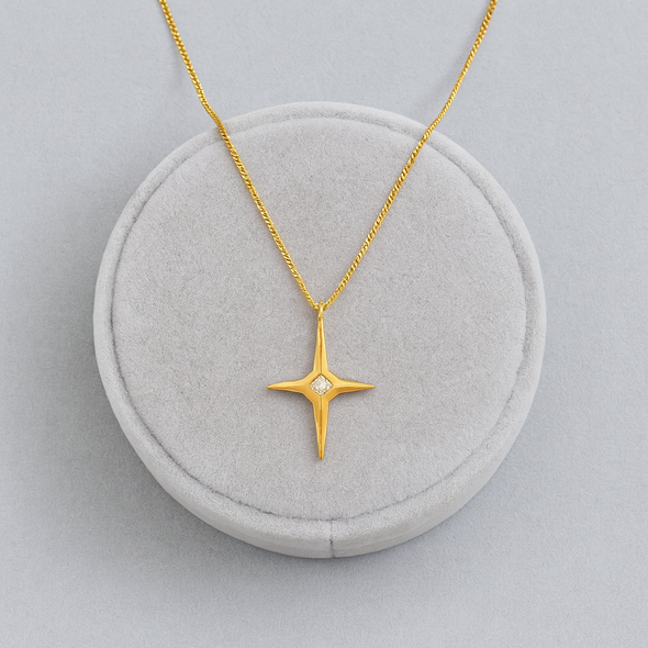 White Cz North Star Pendant Necklace 925 Sterling Silver Yellow Plated