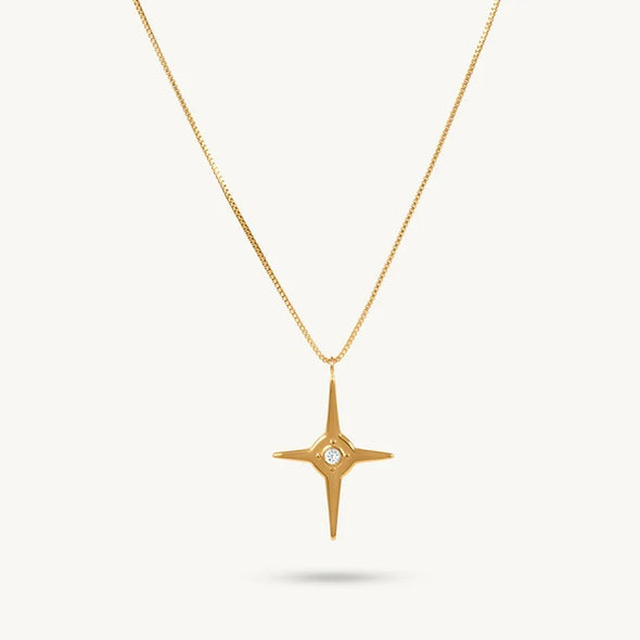 White Cz North Star Pendant Necklace 925 Sterling Silver Yellow Plated