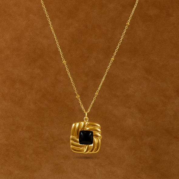 Black Onyx Rope Square Necklace 925 Sterling Silver Yellow Plated