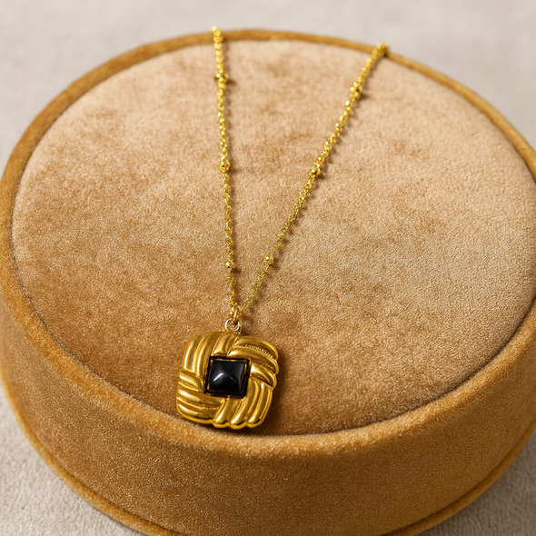 Black Onyx Rope Square Necklace 925 Sterling Silver Yellow Plated