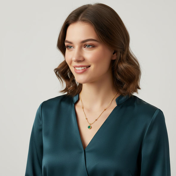 Green Onyx Beaded Chain Necklace 925 Sterling Silver Yellow Plated