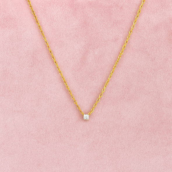 Square White CZ Necklace 925 Sterling Silver Yellow Plated