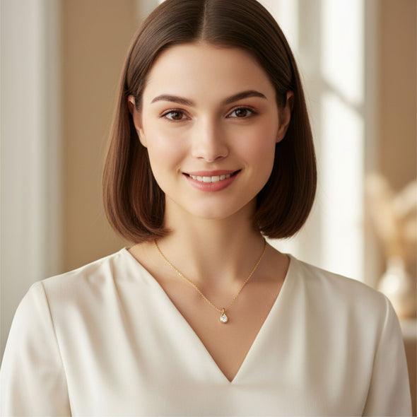 White Stone Teardrop Necklace 925 Sterling Silver Yellow Plated