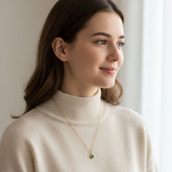 Green Star Pendant Necklace 925 Sterling Silver Yellow Plated